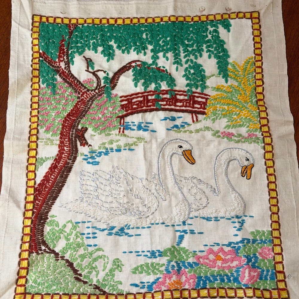 Vintage Hand Embroidered Swan Pond Garden Scene Textile Art Panel Grannycore